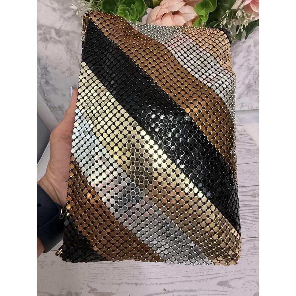Vintage 70 80s Gold Black Bronze Silver Mesh Stripe Purse Bag Clutch Cross Body